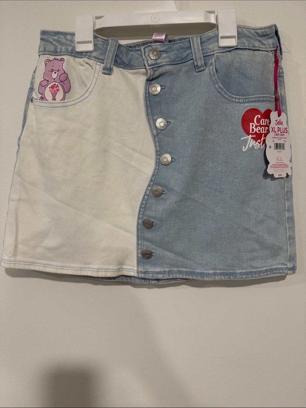 Care Bears Two-Tone Denim Mini Skirt - Light Blue & White with Pink Bear Patch